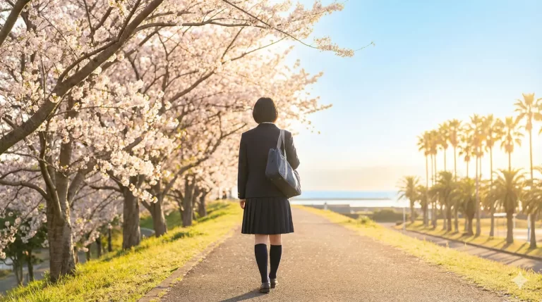 桜並木の道を歩く受験生の後ろ姿。私立入試後に公立入試へ切り替える週末の振り返りをイメージ