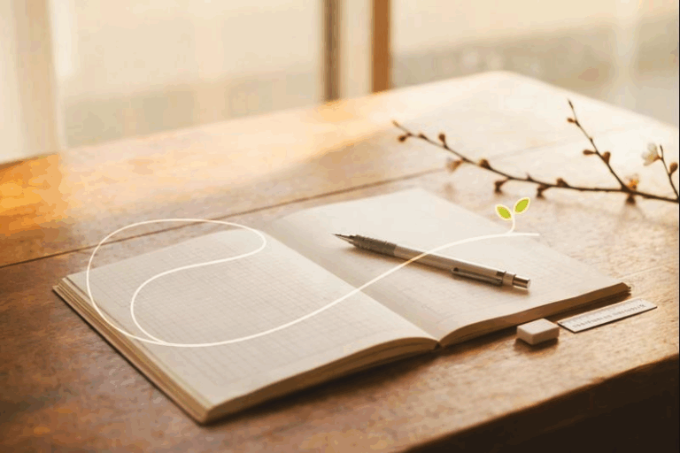 朝の光が差し込む机の上に開かれたノートとペン、春の芽吹きを表す小枝と、基礎から前に進む道をイメージしたライン